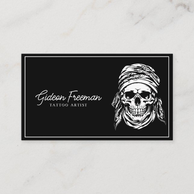 Trendy Black and White Skull Tattooist Business Card (Front)