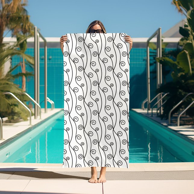 Trendy Black and White Swirls  Beach Towel (black and white beach towel with swirl pattern)