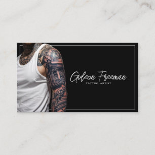 Trendy Black and White Tattooed Guy Tattoo Artist Business Card