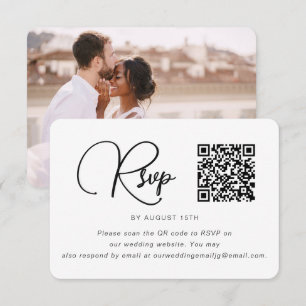 Trendy Black and White Wedding Photo RSVP QR Code Card