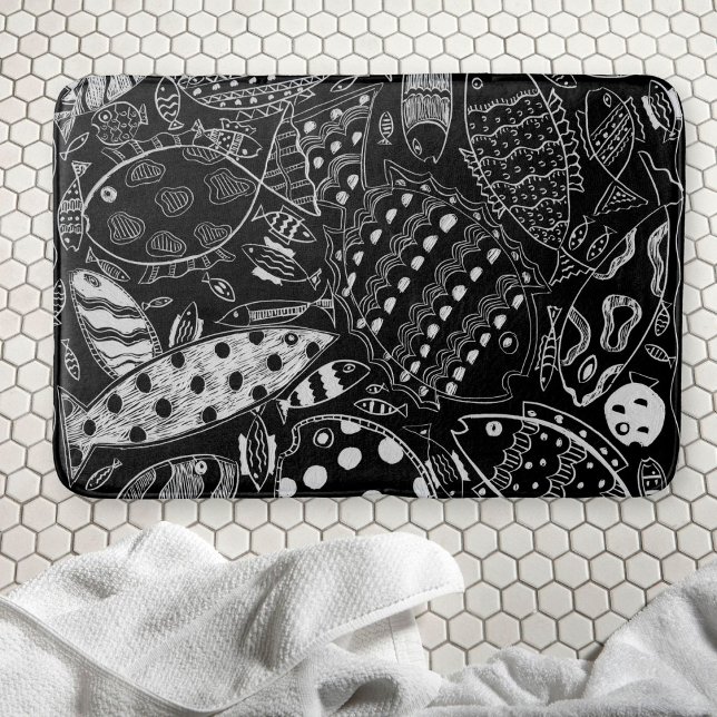 Trendy Black And White Whimsical Fish Pattern Bath Mat (Creator Uploaded)