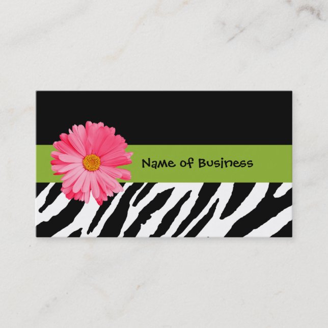 Trendy Black And White Zebra Print Pink Daisy Business Card (Front)
