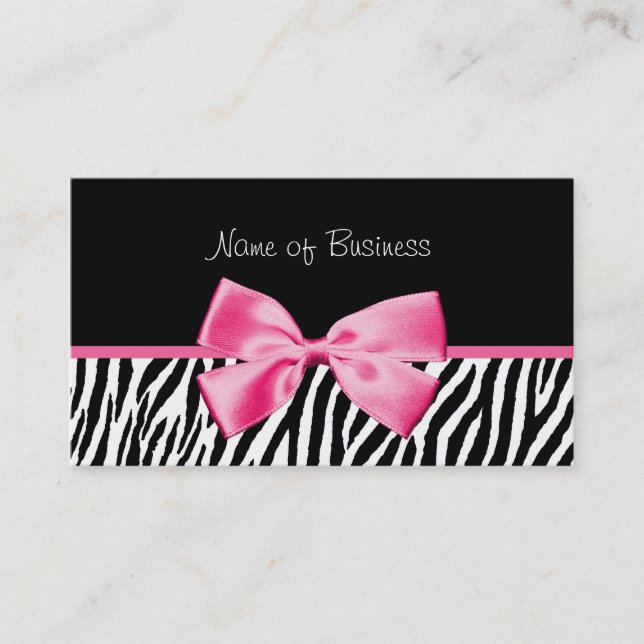 Trendy Black And White Zebra Print Pink Ribbon Business Card (Front)