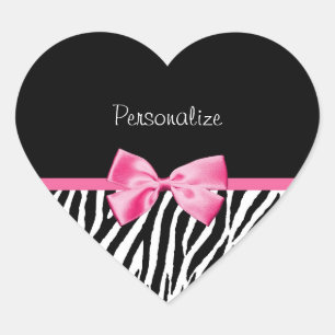 Trendy Black And White Zebra Print Pink Ribbon Heart Sticker