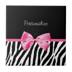 Trendy Black And White Zebra Print Pink Ribbon Tile