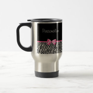 Trendy Black And White Zebra Print Pink Ribbon Travel Mug