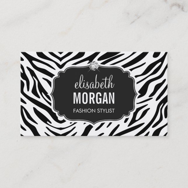Trendy Black and White Zebra Print Shiny Diamond Business Card (Front)