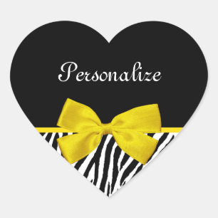 Trendy Black And White Zebra Print Yellow Ribbon Heart Sticker