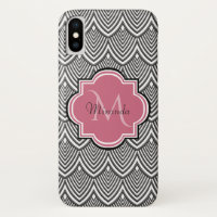Trendy Black Arched Scallops Pink Monogram Name