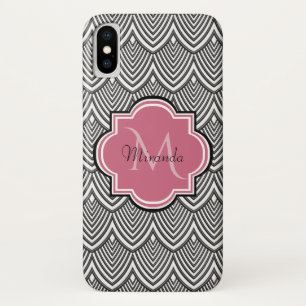 Trendy Black Arched Scallops Pink Monogram Name iPhone X Case