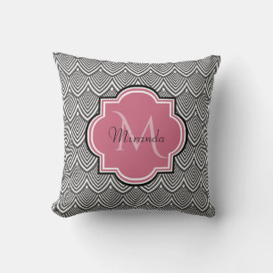Trendy Black Arched Scallops Pink Monogram Name Cushion