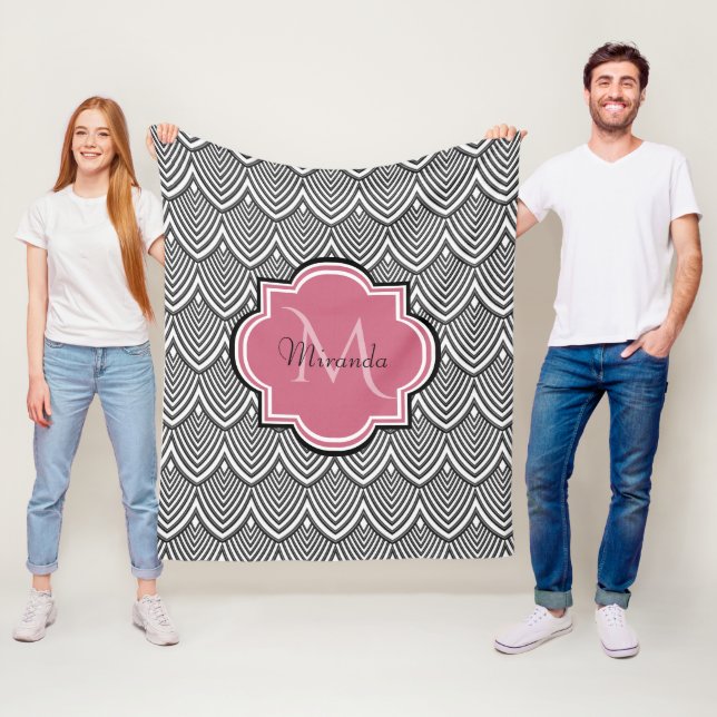 Trendy Black Arched Scallops Pink Monogram Name Fleece Blanket (In Situ)