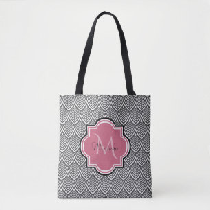 Trendy Black Arched Scallops Pink Monogram Name Tote Bag