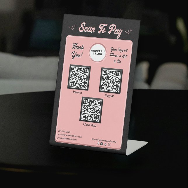 Trendy Black Blush Pink Scan To Pay QR Codes Salon Pedestal Sign (Creator Uploaded)