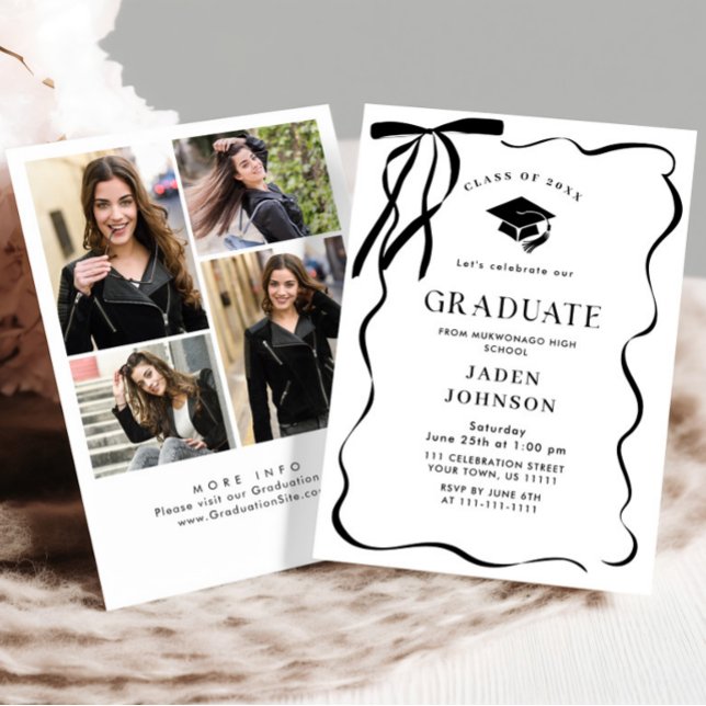 Trendy Black Bow Ribbon 4 PHOTO Graduation Part Invitation (Creator Uploaded)