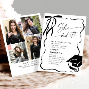 Trendy Black Bow Ribbon 4 PHOTO Graduation Party Invitation