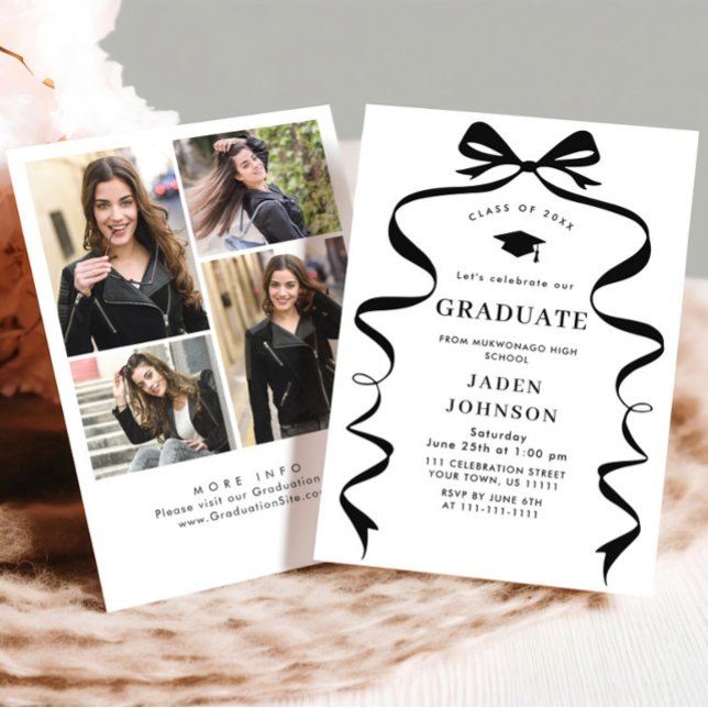 Trendy Black Bow Ribbon 4 PHOTO Graduation Party Invitation (Creator Uploaded)