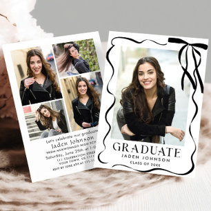 Trendy Black Bow Ribbon 5 PHOTO Graduation Party Invitation