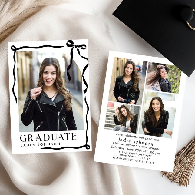 Trendy Black Bow Ribbon 5 PHOTO Graduation Party Invitation (Creator Uploaded)