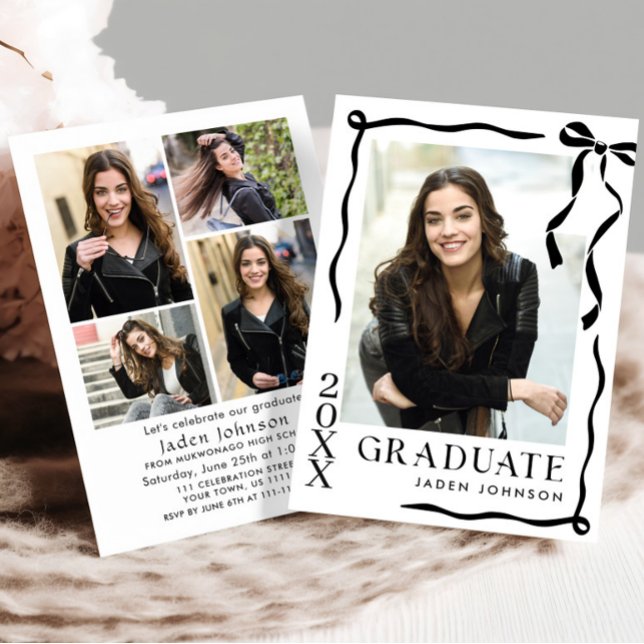 Trendy Black Bow Ribbon 5 PHOTO Graduation Party Invitation (Creator Uploaded)