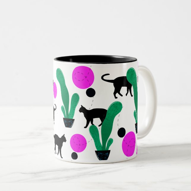 Trendy Black Cat and Cactus Pattern Two-Tone Coffee Mug (Front Right)