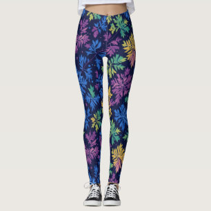 Trendy Black Colourful Leaves Botanical Pattern Leggings