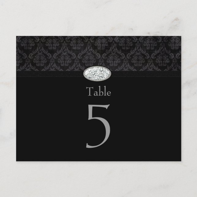 Trendy black damask diamond wedding table card (Front)