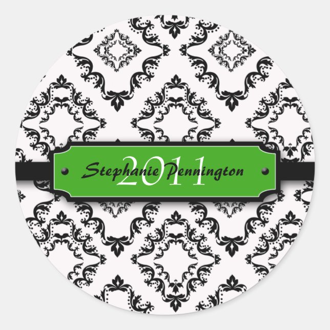 Trendy black damask graduation personalise sticker (Front)