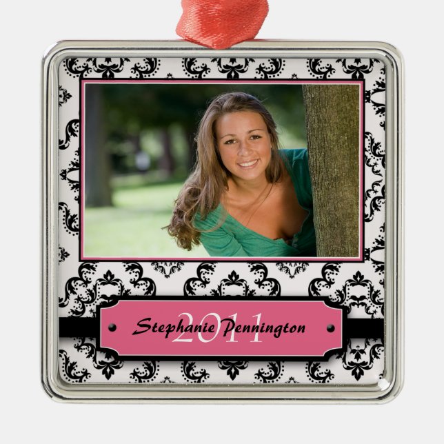 Trendy black damask graduation photo ornament (Front)