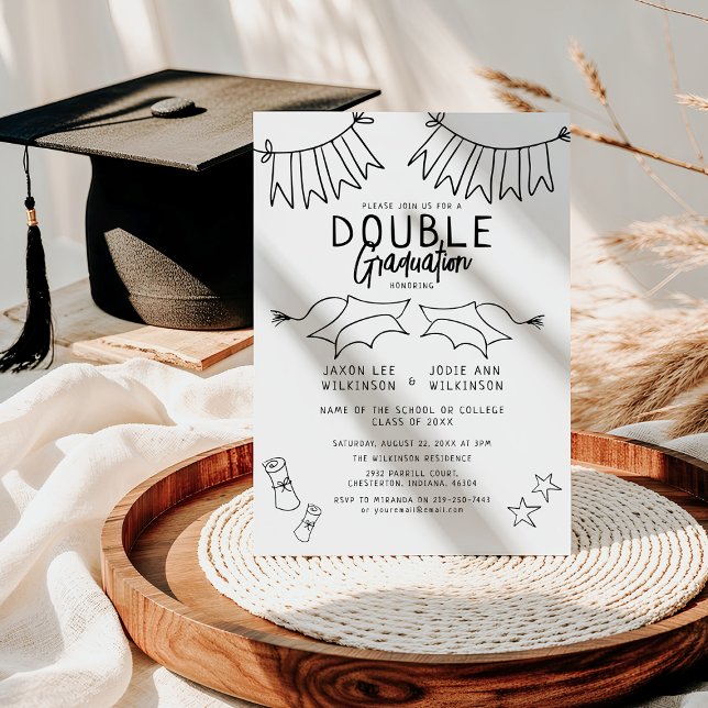 Trendy Black Doodle Double Graduation Party Invitation (Creator Uploaded)