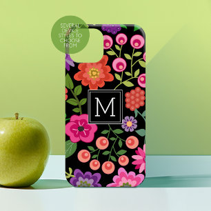 Trendy Black Floral Pattern with Custom Monogram