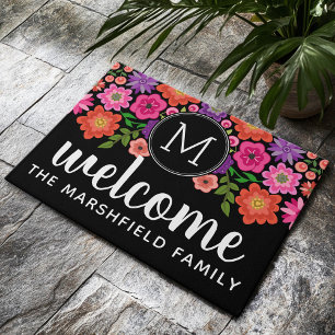 Trendy Black Floral Pattern with Custom Monogram Doormat