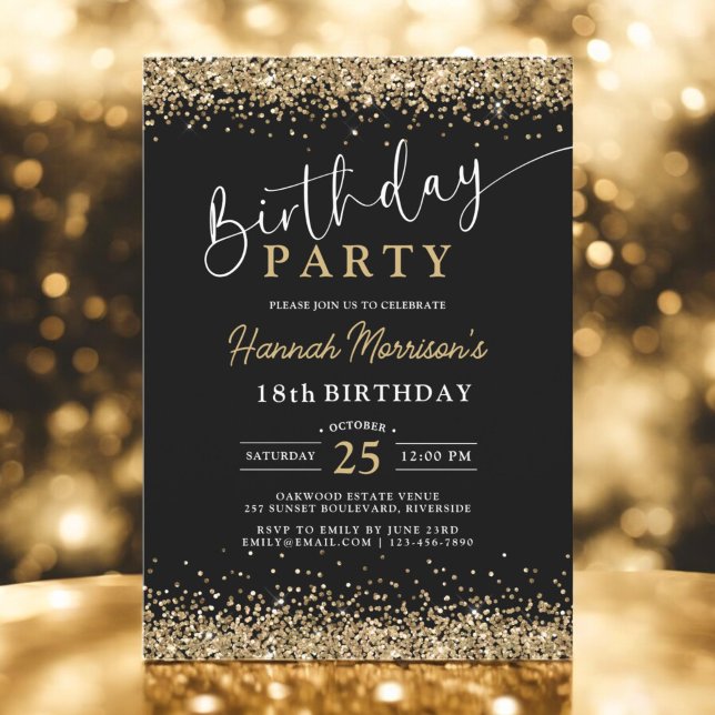 Trendy Black Gold 18th Glitter Any Age Birthday  Invitation (Creator Uploaded)