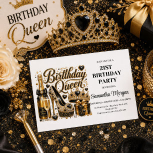Trendy Black Gold Glitter Birthday Queen Party Inv Invitation