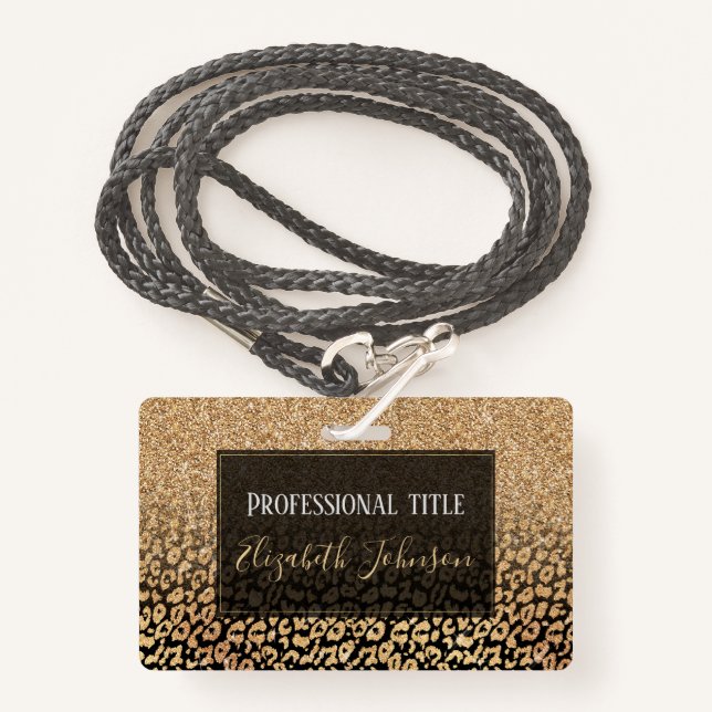 Trendy Black Gold Glitter Leopard Ombre ID Badge (Front with Lanyard)
