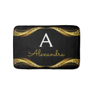 Trendy Black & Gold Glitter Monogrammed Stylish Bath Mat