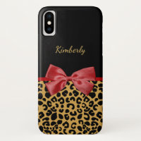 Trendy Black Gold Leopard Print Red Bow and Name