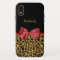 Trendy Black Gold Leopard Print Red Bow and Name