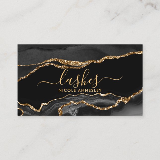 Trendy Black Gold Marble Eyelash Beauty Specialist Business Card (Front)