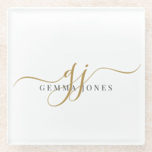 Trendy Black Gold Monogram Initial Script Name Glass Coaster