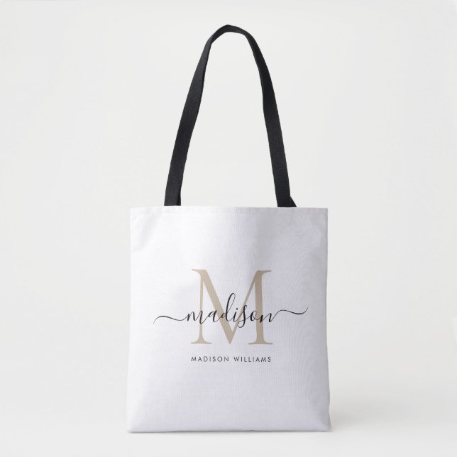 Trendy Black Gold Monogram Initial Script Name Tot Tote Bag (Front)