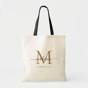 Trendy Black Gold Monogram Initial Script Name Tote Bag