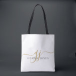 Trendy Black Gold Monogram Initial Script Name Tote Bag<br><div class="desc">Carry your style wherever you go with this elegant monogram tote bag. Designed with graceful gold script initials paired with a refined serif name, it blends modern sophistication with everyday function. Perfect for commuting, shopping trips, or keeping essentials organised at work, this versatile bag makes a thoughtful choice for weddings,...</div>