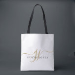 Trendy Black Gold Monogram Initial Script Name Tote Bag<br><div class="desc">Carry your style wherever you go with this elegant monogram tote bag. Designed with graceful gold script initials paired with a refined serif name, it blends modern sophistication with everyday function. Perfect for commuting, shopping trips, or keeping essentials organised at work, this versatile bag makes a thoughtful choice for weddings,...</div>