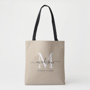 Trendy Black Gold Monogram Initial Script Name Tote Bag