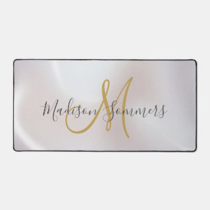 Trendy Black Gold Monogram Pearlescent Iridescent  Desk Mat