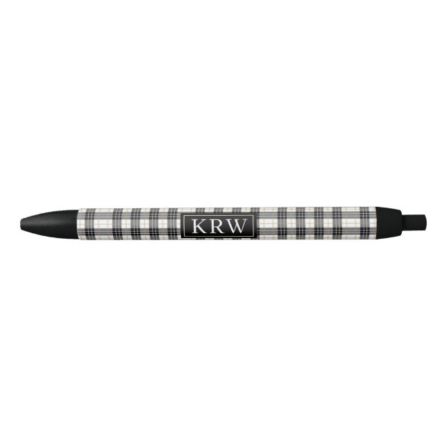 Trendy Black Gold Plaid Print With Chic Monogram  Black Ink Pen (Front)