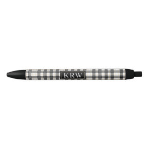 Trendy Black Gold Plaid Print With Chic Monogram  Ink Pen