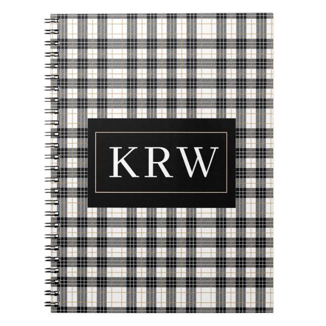 Trendy Black Gold Plaid Print With Chic Monogram  Notebook (Front)