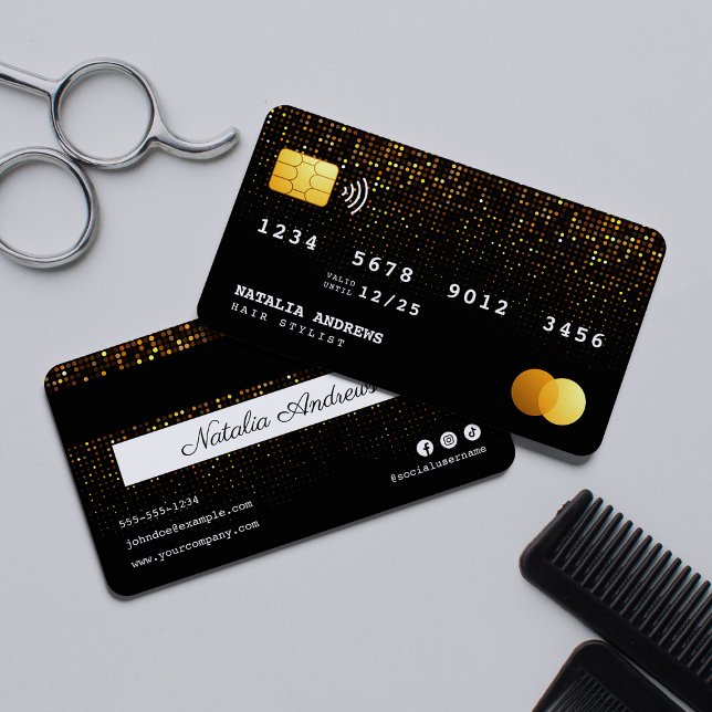 Trendy Black Gold Sparkle Hairdresser Credit Card (Creator Uploaded)